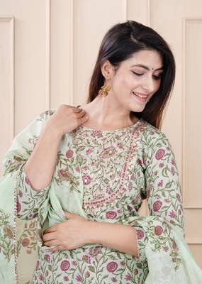 Tealish green embellished cotton suit set with dupatta 3