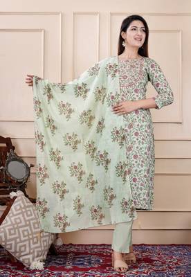 Tealish green embellished cotton suit set with dupatta 4
