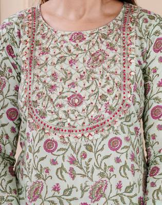 Tealish green embellished cotton suit set with dupatta 5