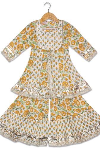 Aatya Kiids pastel green white gota embellished top with sharara -green/yellow