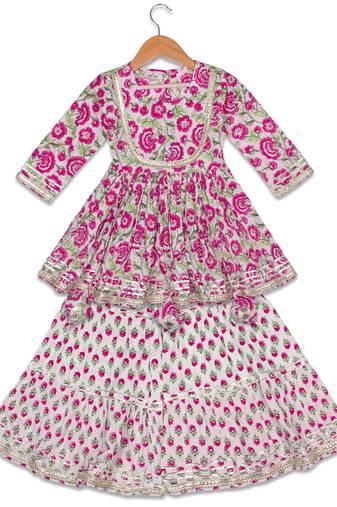 Aatya Kiids gathered top with gota embellished round neck with sharara -pink