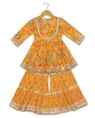 Aatya Kiids gathered top with gota embellished round neck with sharara -yellow 1