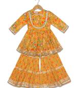 Aatya Kiids gathered top with gota embellished round neck with sharara -yellow