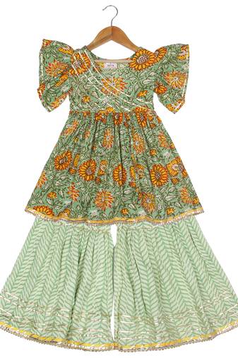 Aatya Kiids green angrakha kurta gota embellished bell sleeves kurta with sharara- dark green