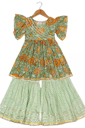 Aatya Kiids green angrakha kurta gota embellished bell sleeves kurta with sharara- dark green