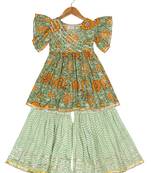 Aatya Kiids green angrakha kurta gota embellished bell sleeves kurta with sharara- dark green