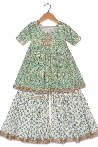 Aatya Kiids green gota lace embellished flower printed sharara set- green