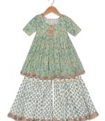 Aatya Kiids green gota lace embellished flower printed sharara set- green