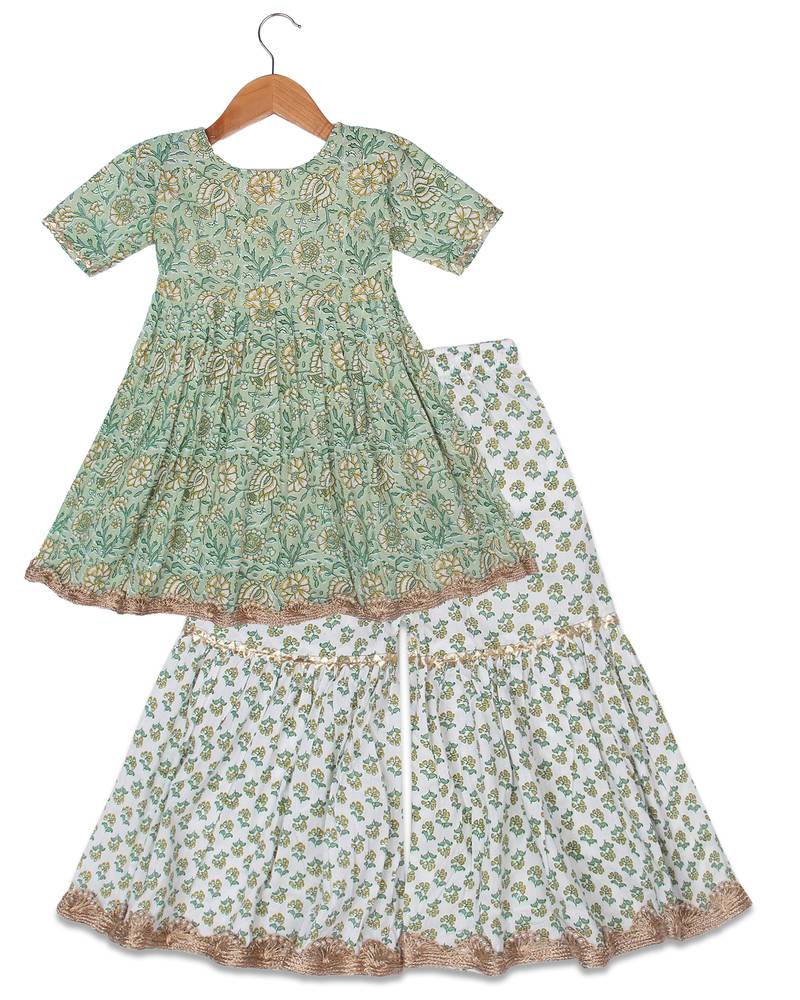 Aatya Kiids green gota lace embellished flower printed sharara set- green