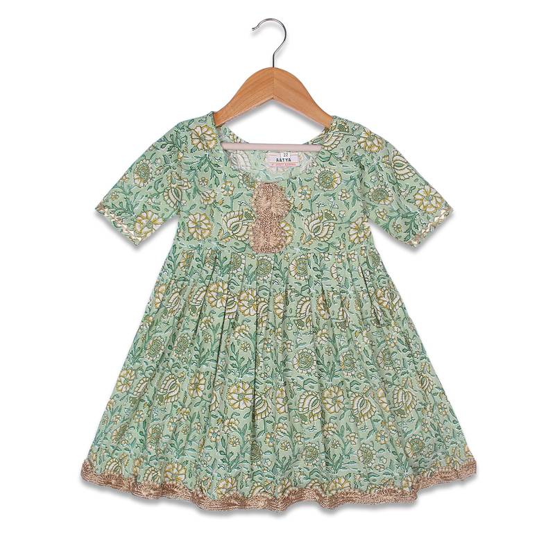 Aatya Kiids green gota lace embellished flower printed sharara set- green