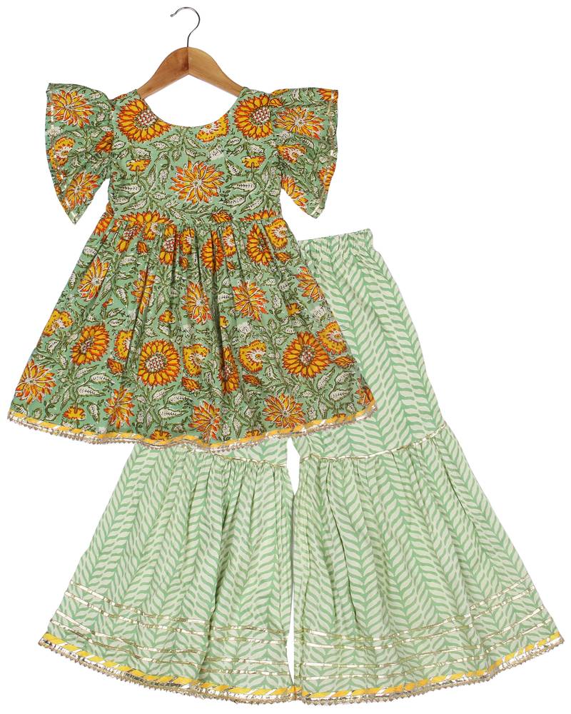 Aatya Kiids green angrakha kurta gota embellished bell sleeves kurta with sharara- dark green