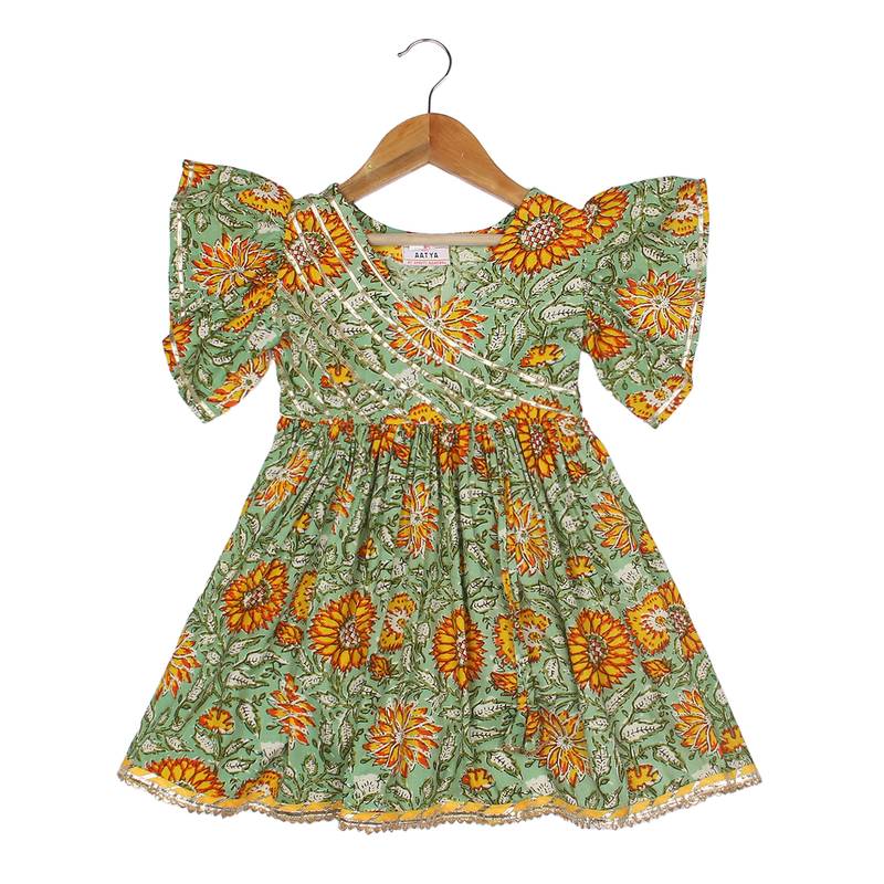 Aatya Kiids green angrakha kurta gota embellished bell sleeves kurta with sharara- dark green