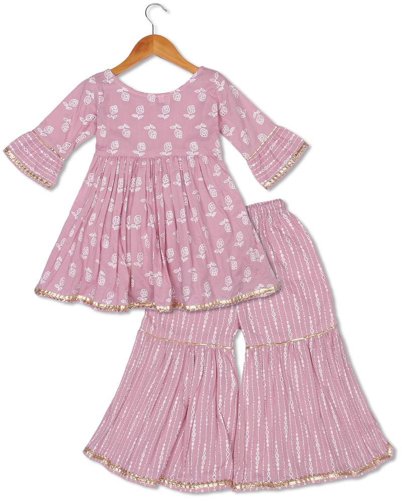 Aatya Kiids pink printed gota embellished kurta with sharara- pink