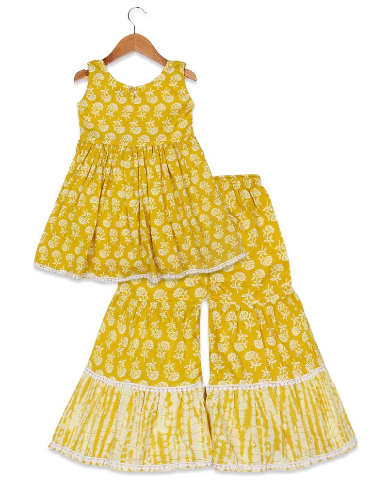 Aatya Kiids yellow printed gota embellished sleeveless kurta with sharara- yellow