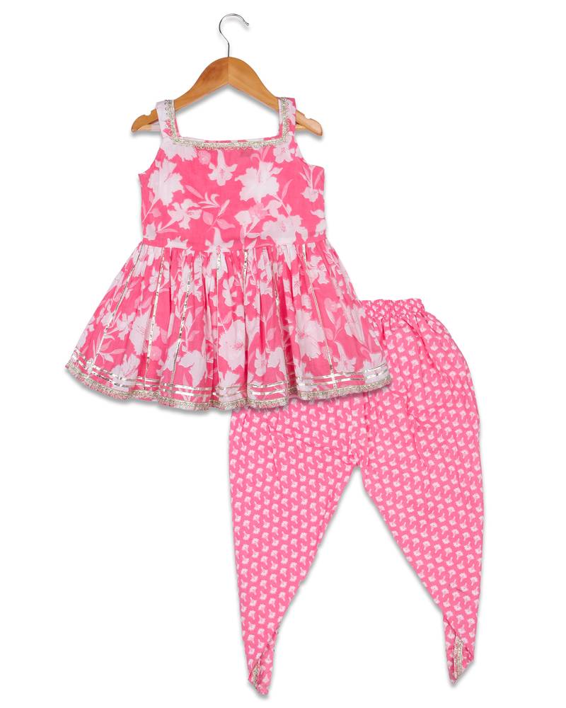 Aatya Kiids pink flower printed peplum top with dhoti- pink