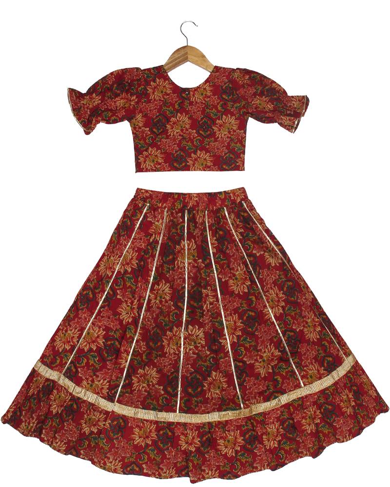 Aatya Kiids multicolour printed puff sleeves blouse with lehenga-red