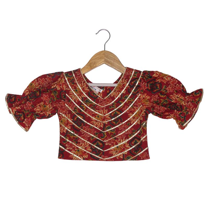 Aatya Kiids multicolour printed puff sleeves blouse with lehenga-red