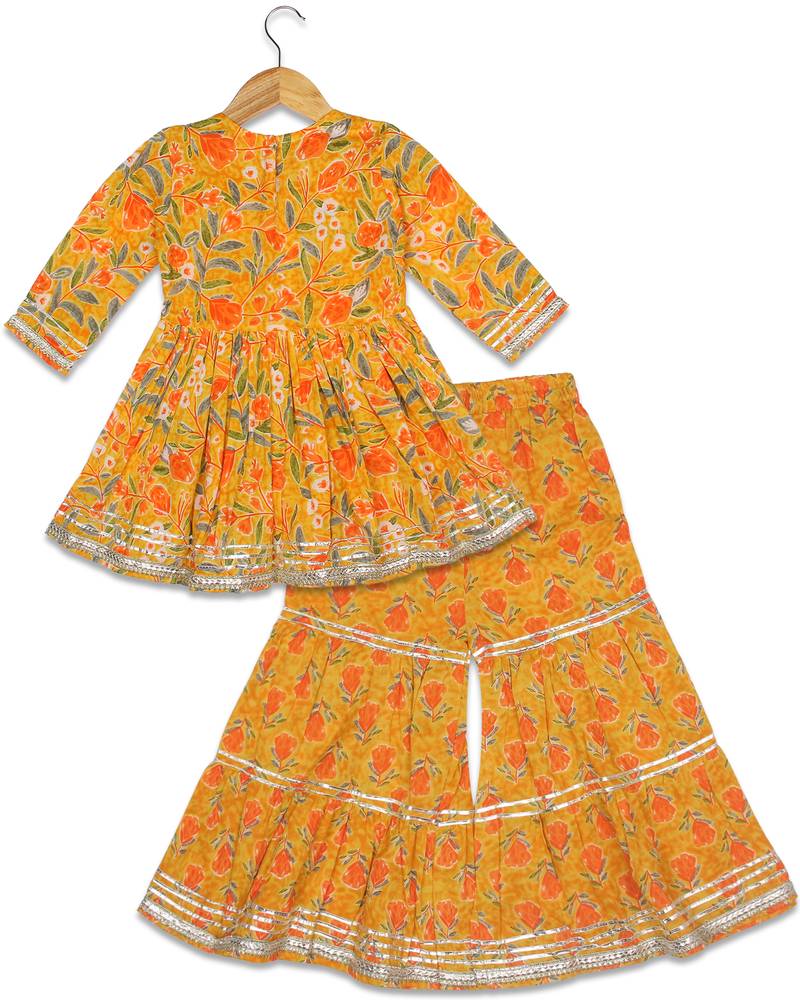 Aatya Kiids gathered top with gota embellished round neck with sharara -yellow