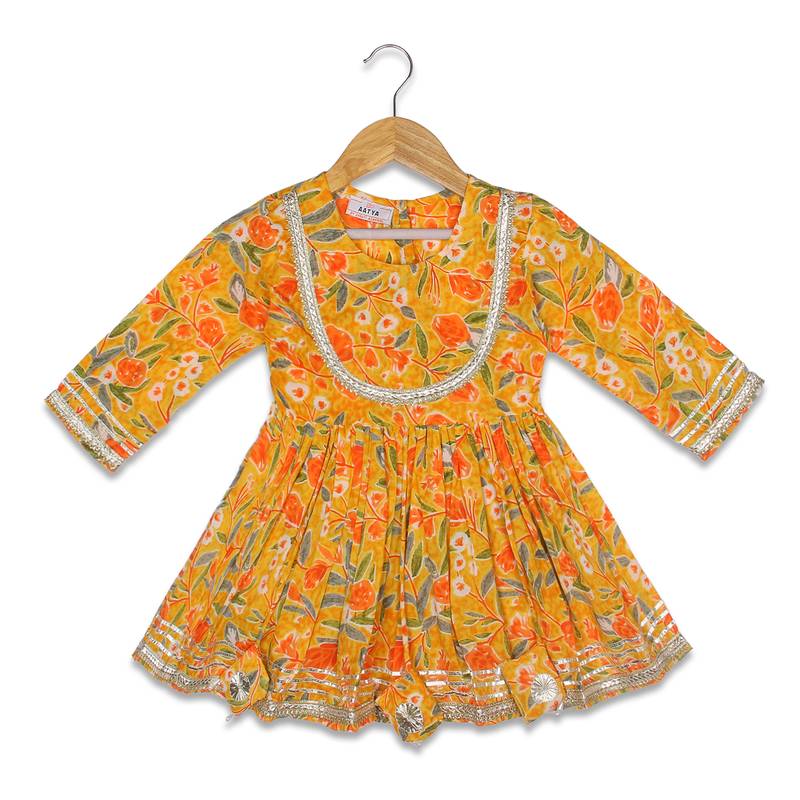 Aatya Kiids gathered top with gota embellished round neck with sharara -yellow