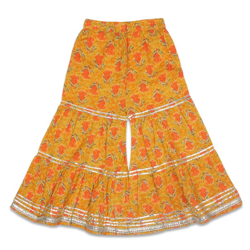 Aatya Kiids gathered top with gota embellished round neck with sharara -yellow