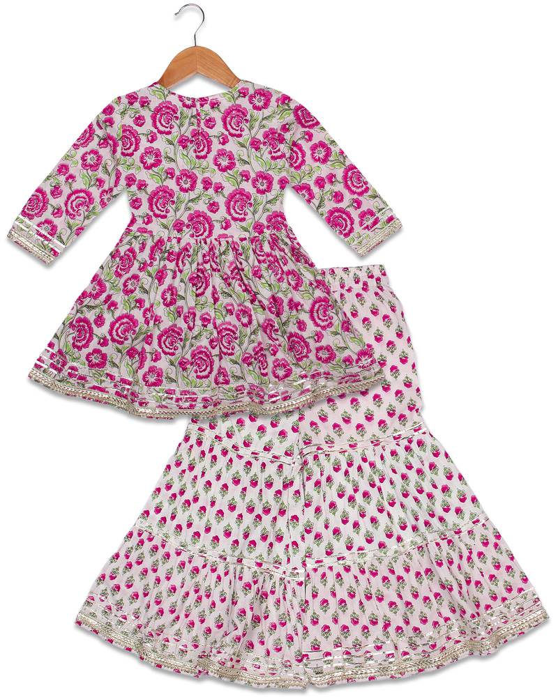 Aatya Kiids gathered top with gota embellished round neck with sharara -pink