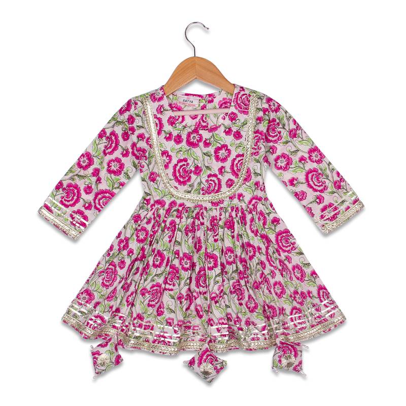 Aatya Kiids gathered top with gota embellished round neck with sharara -pink