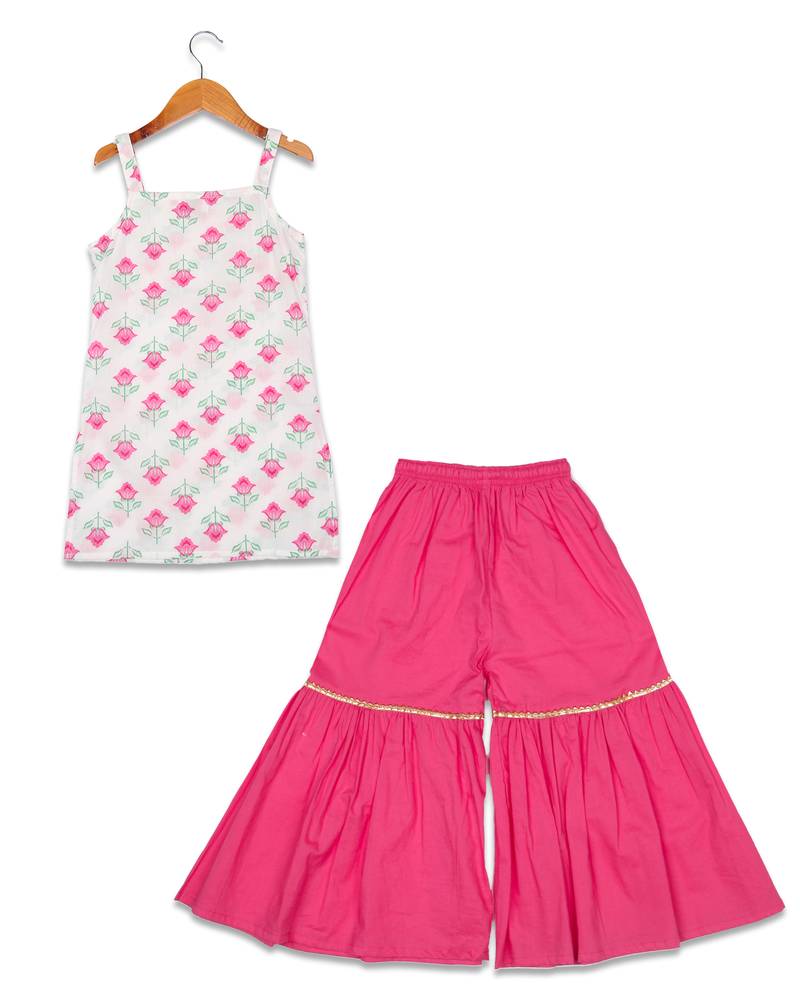 Aatya Kiids beautiful flower print with gota embellished sleeveless kurta with sharara- pink