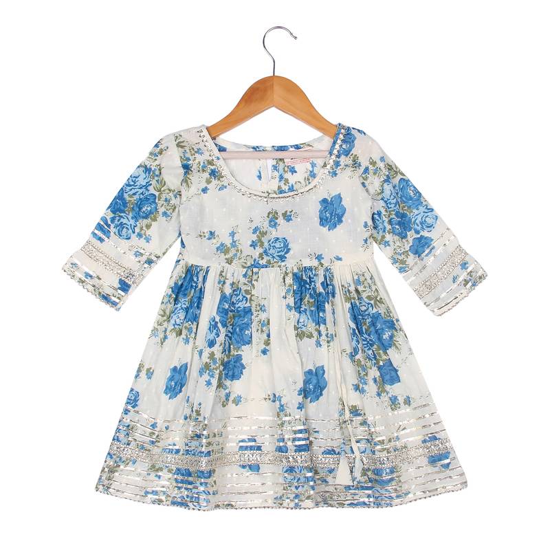 Aatya Kiids blue gold embellished flower print sharara set- blue