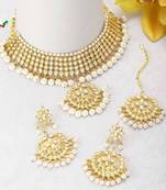 White Gold Choker Set With Earrings And Maang Tikka