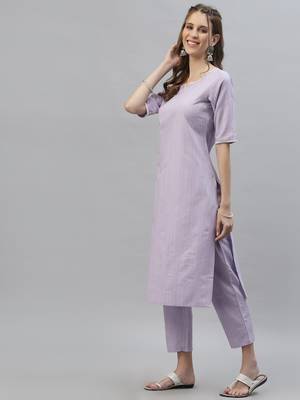 Women's Self Woven Striped Cotton Blend Straight Kurta Pant Set 3