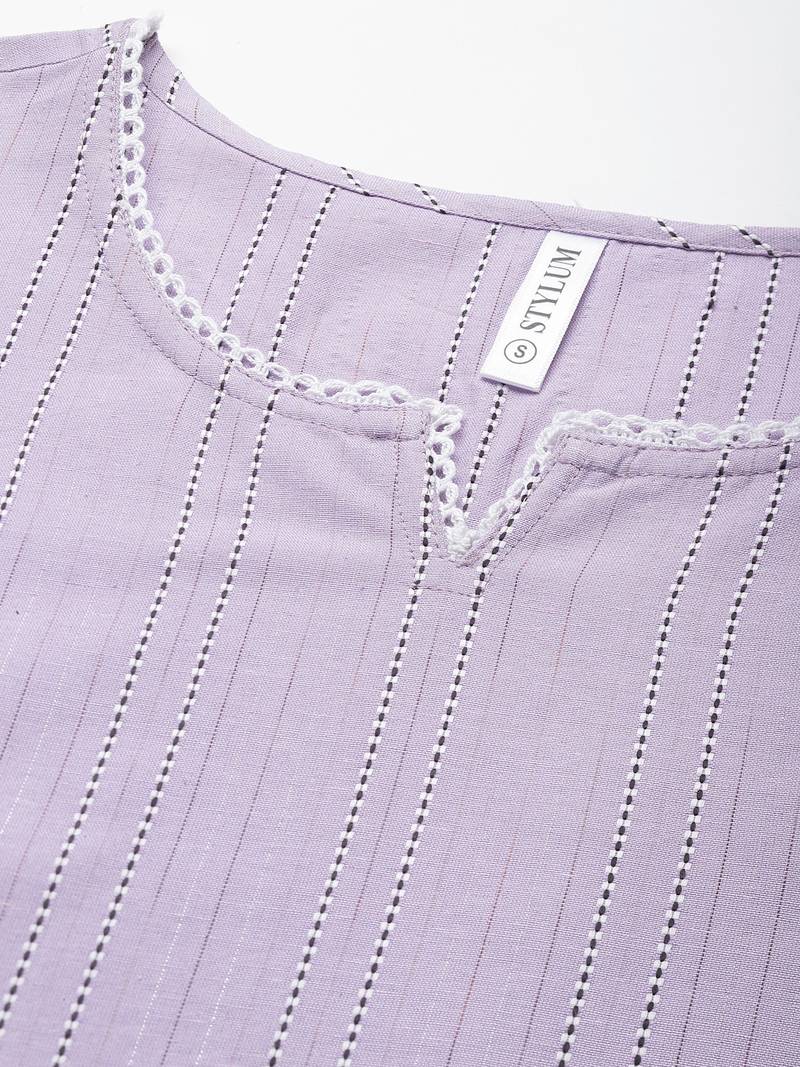 Women's Self Woven Striped Cotton Blend Straight Kurta Pant Set