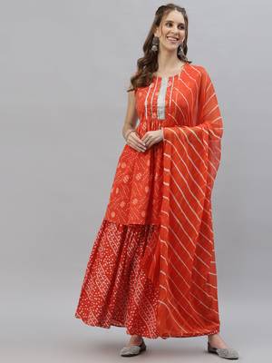 Women's Bandhej printed Cotton Flared short Kurta Sharara Dupatta Set 1