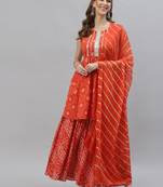 Women's Bandhej printed Cotton Flared short Kurta Sharara Dupatta Set
