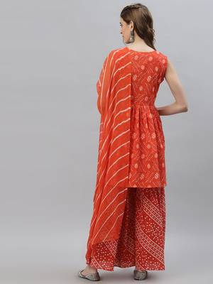 Women's Bandhej printed Cotton Flared short Kurta Sharara Dupatta Set 2