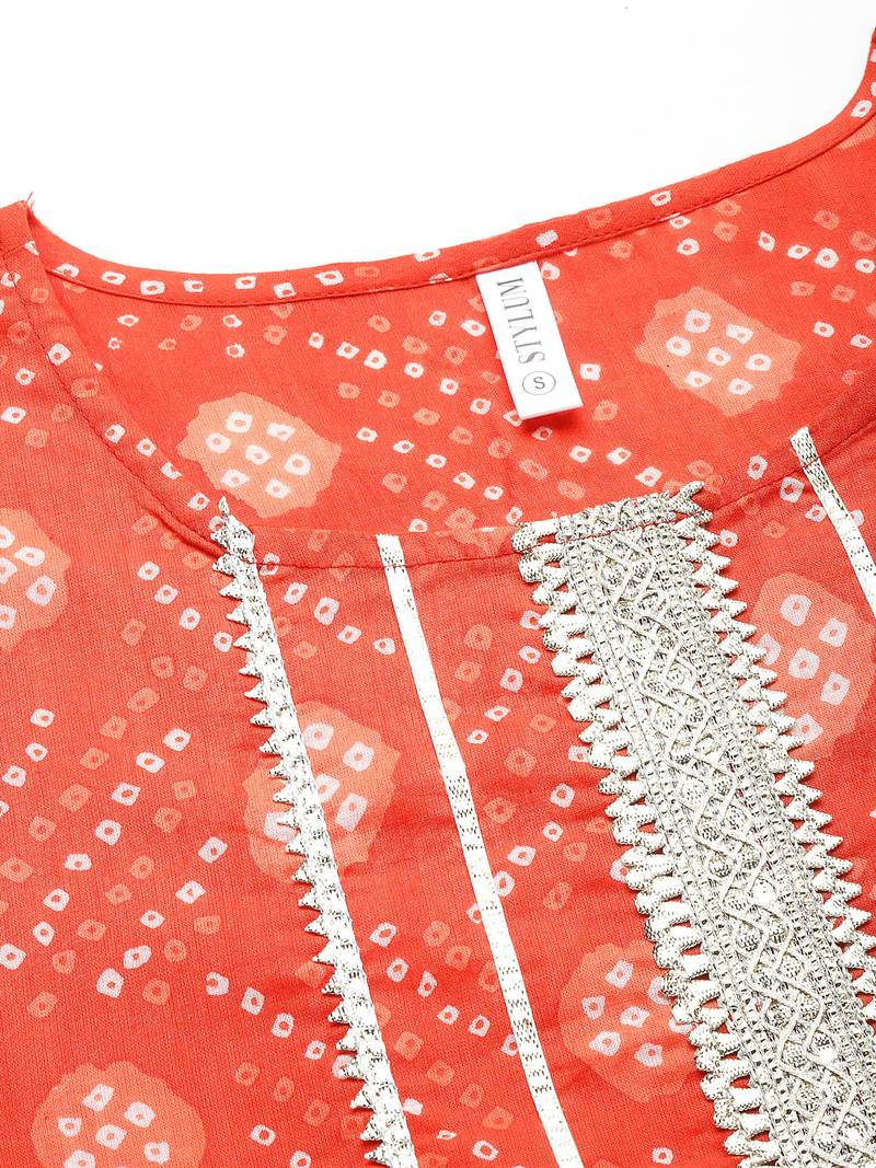 Women's Bandhej printed Cotton Flared short Kurta Sharara Dupatta Set