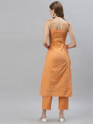 Women's Striped Cotton Blend Straight Kurta Pant Set 2