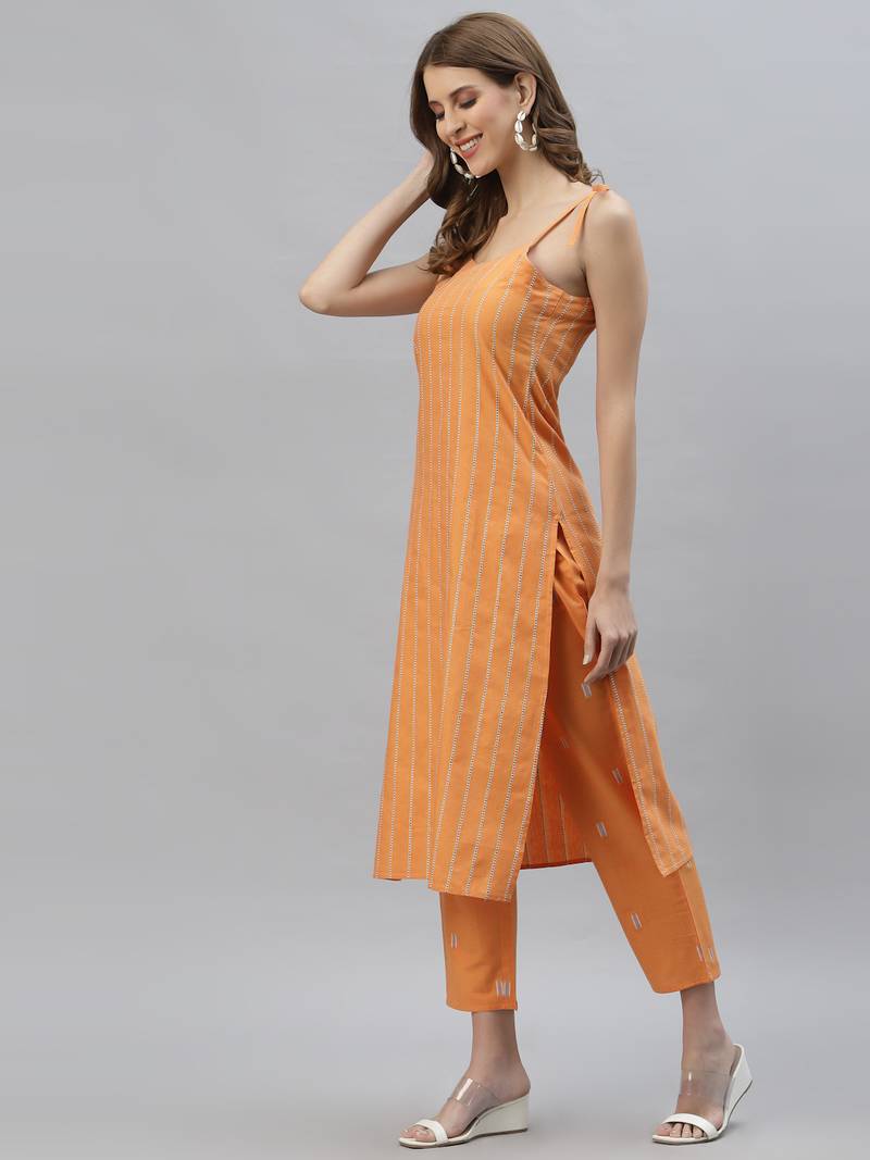 Women's Striped Cotton Blend Straight Kurta Pant Set