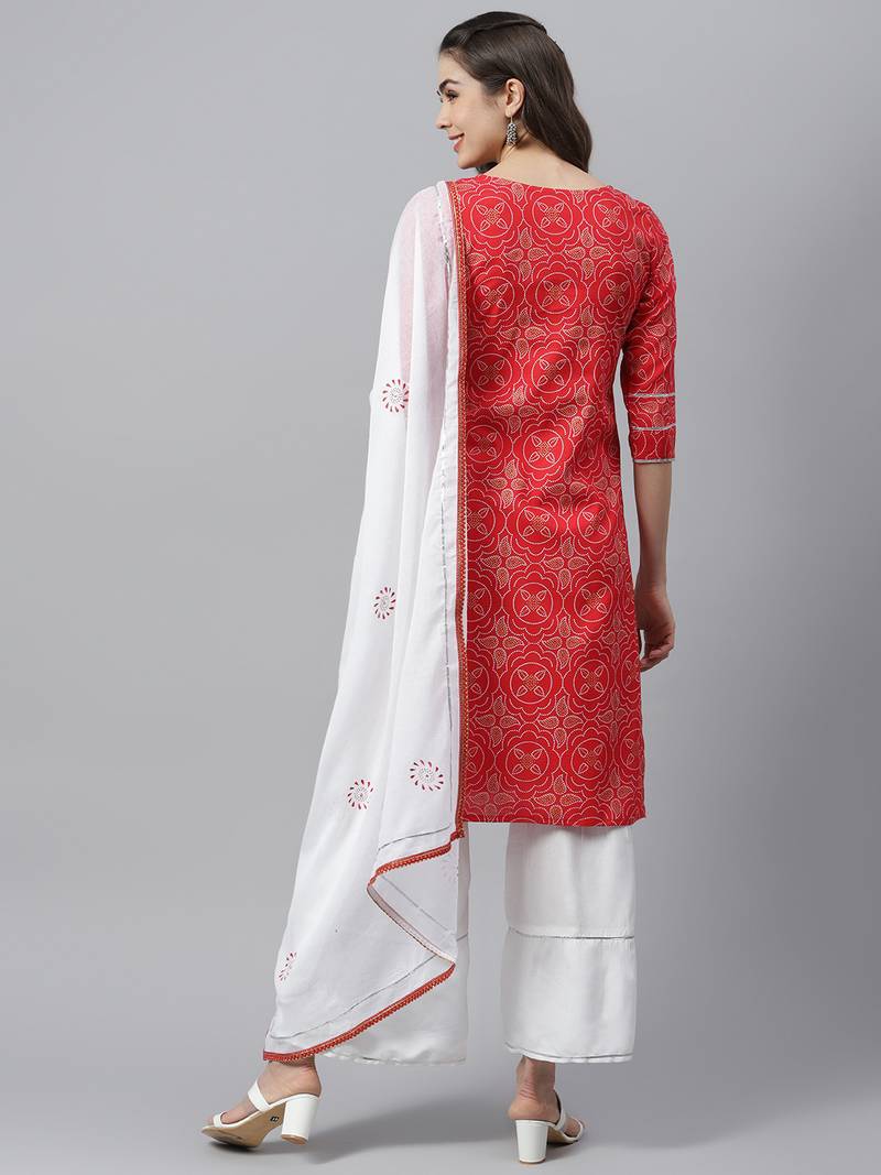 Women's Bandhani Print Rayon Straight Kurta Sharara Dupatta Set