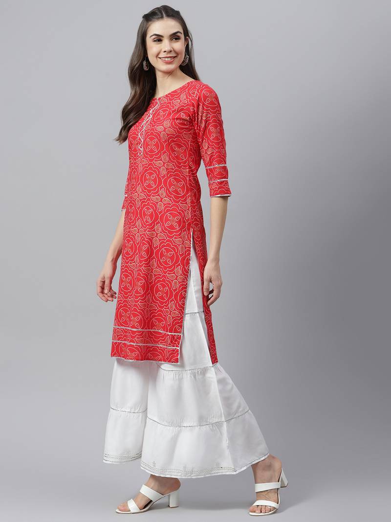 Women's Bandhani Print Rayon Straight Kurta Sharara Dupatta Set