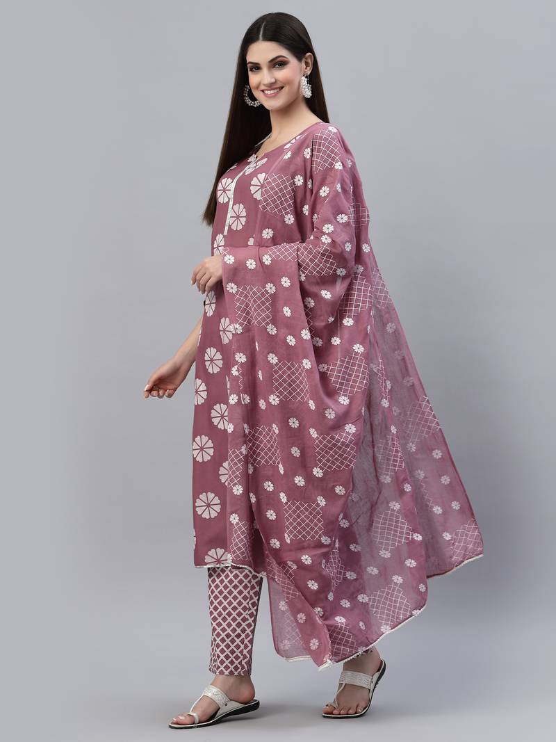 Women's Printed Rayon Straight Kurta Pant Dupatta Set