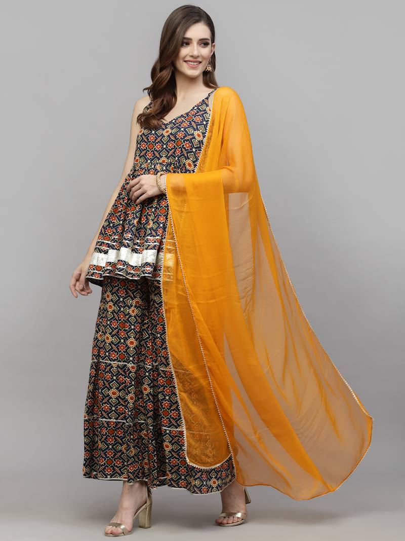 Women's Printed Rayon Kurta Sharara Dupatta Set