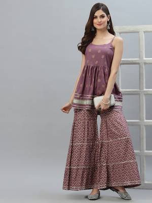 Women's Gold Printed Rayon Short Kurti and Sharara set 1
