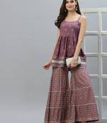 Women's Gold Printed Rayon Short Kurti and Sharara set