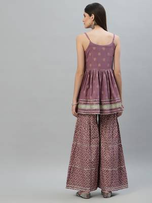 Women's Gold Printed Rayon Short Kurti and Sharara set 2