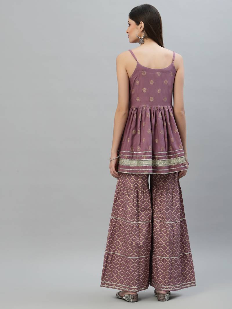 Women's Gold Printed Rayon Short Kurti and Sharara set