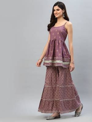 Women's Gold Printed Rayon Short Kurti and Sharara set 3