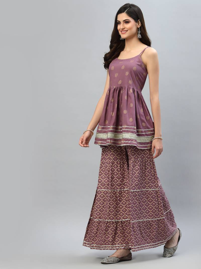 Women's Gold Printed Rayon Short Kurti and Sharara set