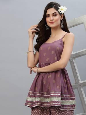 Women's Gold Printed Rayon Short Kurti and Sharara set 4