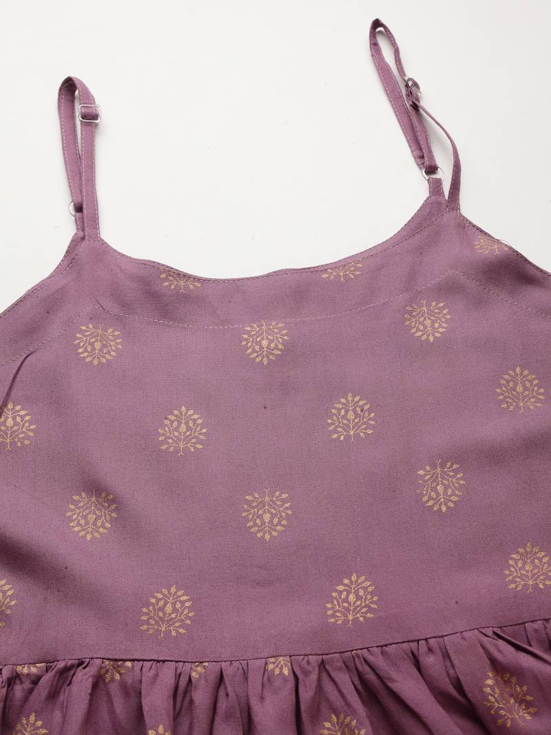 Women's Gold Printed Rayon Short Kurti and Sharara set