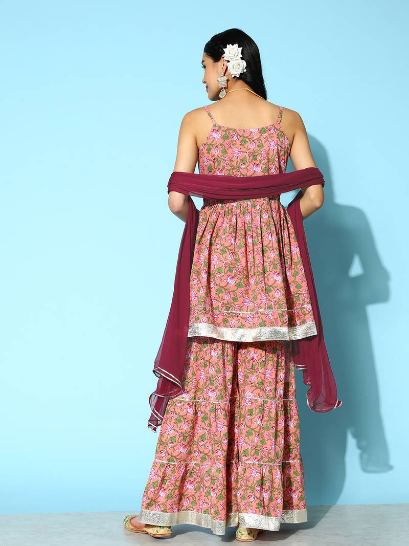 Women's Floral Printed Cotton Kurta Sharara with Dupatta